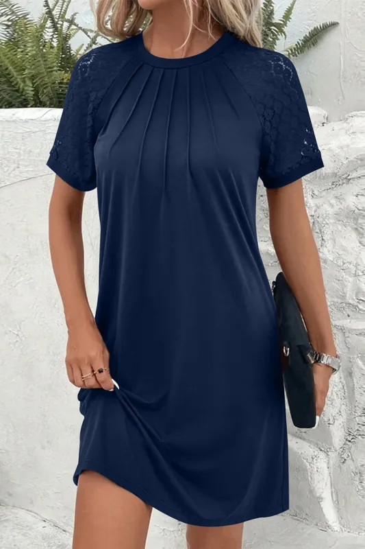 Contrast Lace Raglan Sleeve Pleated Detail Shift Dress sold by Beagle Boutique