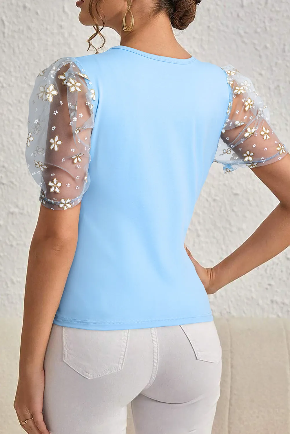 Beau Blue Floral Mesh Puff Sleeve Crew Neck Top sold by Beagle Boutique product image thumbnail 2