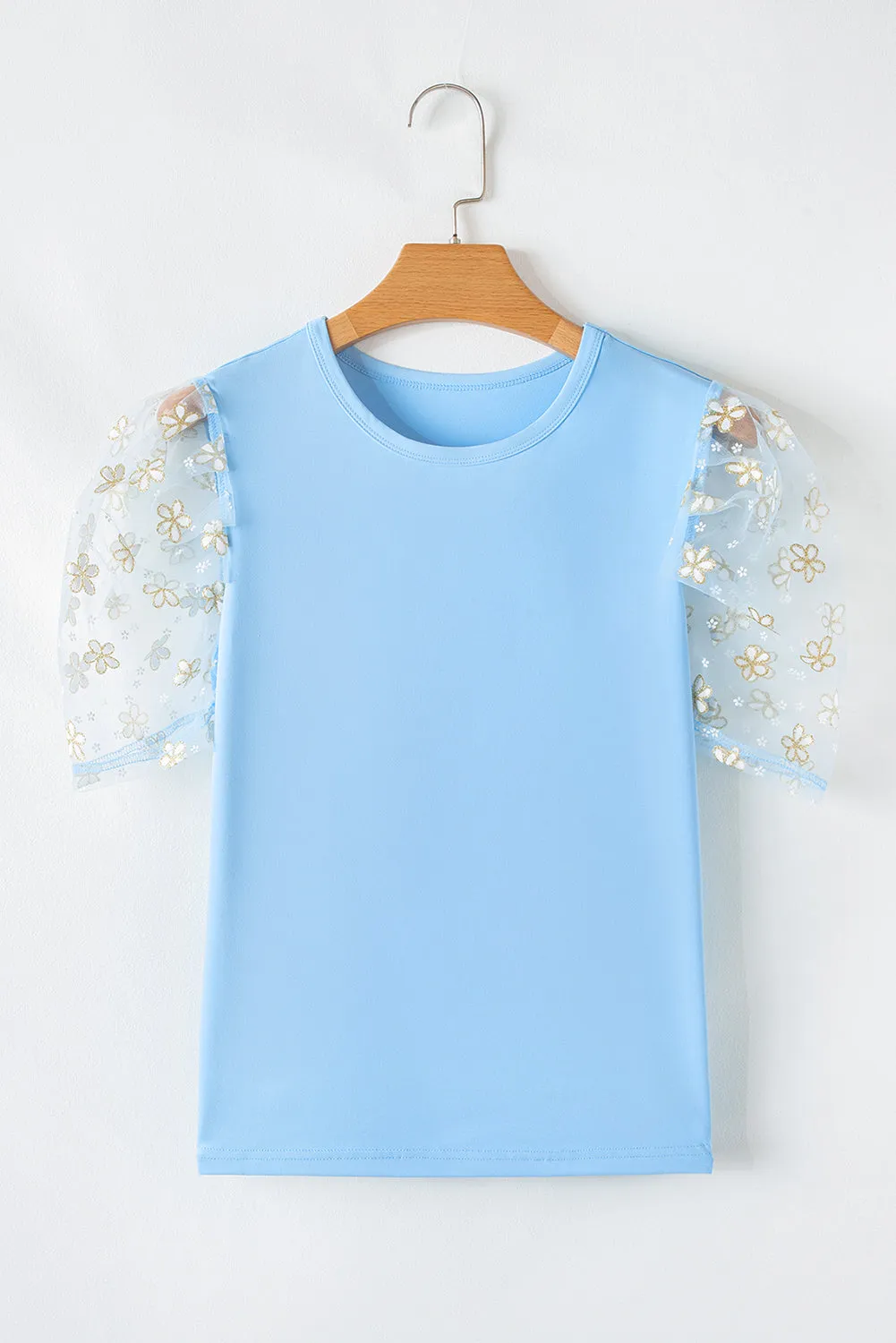 Beau Blue Floral Mesh Puff Sleeve Crew Neck Top sold by Beagle Boutique product image thumbnail 3