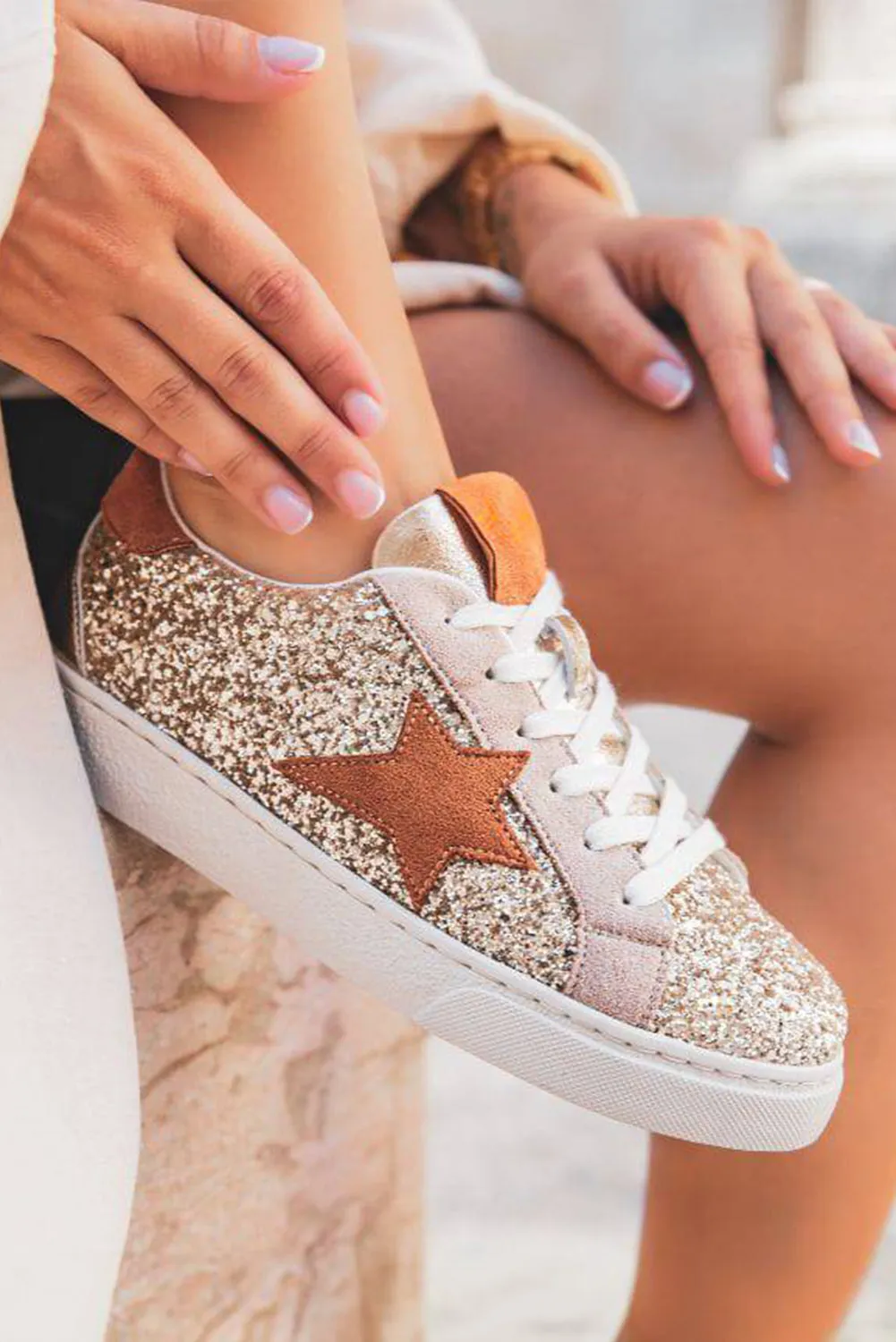 Gold Glitter Star Lace Up Trainers sold by Beagle Boutique product image thumbnail 2