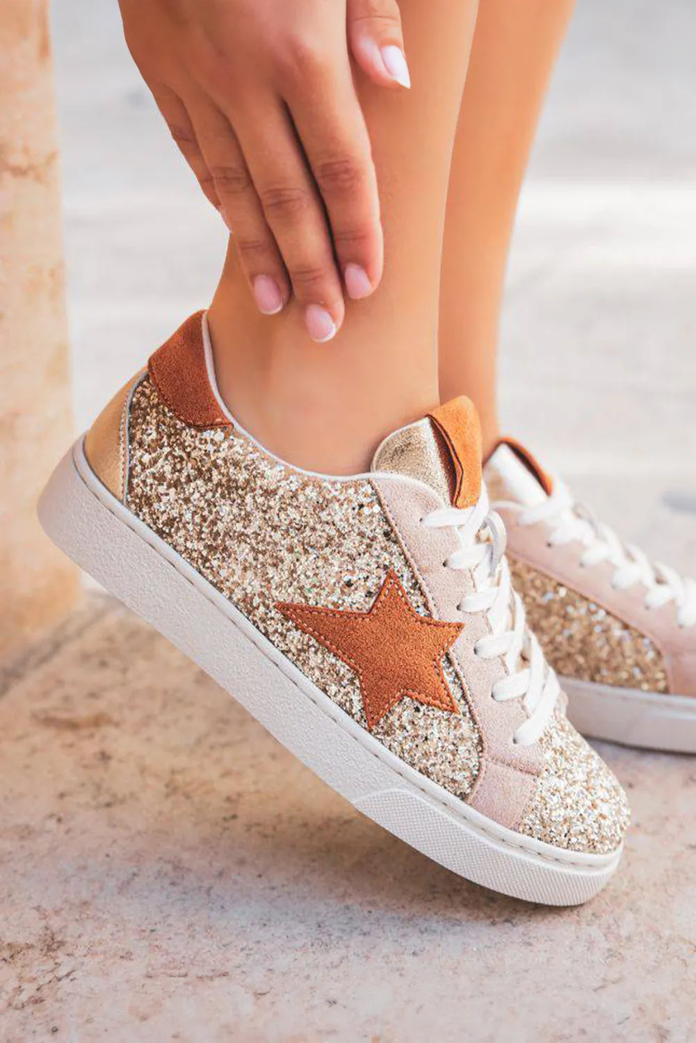 Gold Glitter Star Lace Up Trainers sold by Beagle Boutique