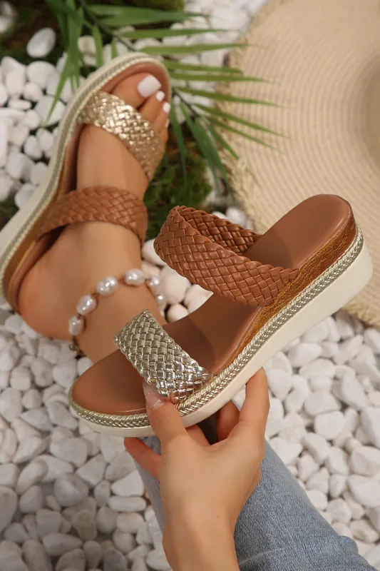 Gold Woven Two Band Colour Block Wedge Sandals made by Beagle Boutique