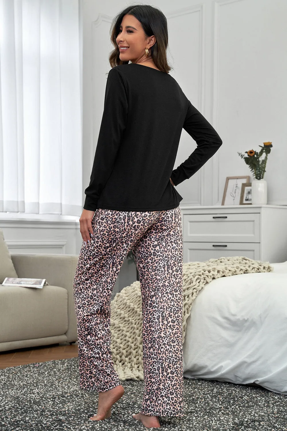 Long Sleeve Top and Leopard Print Pants Lounge Set sold by Beagle Boutique product image thumbnail 2