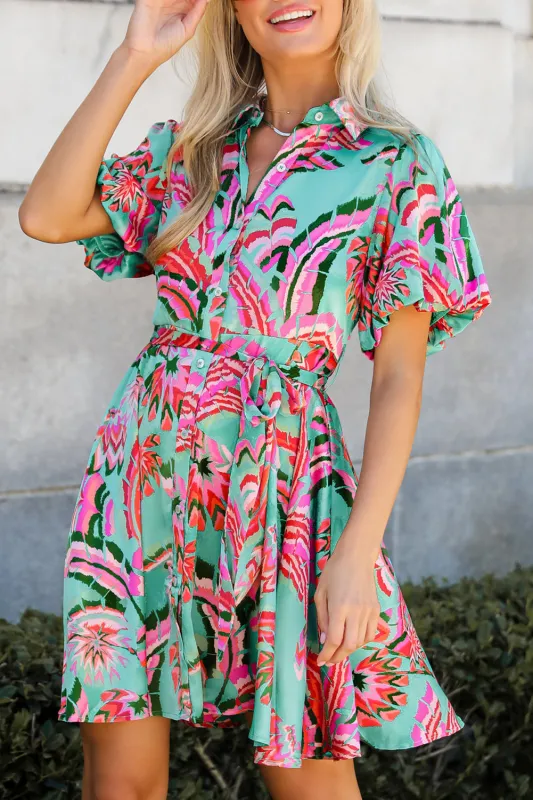 Green Abstract Print Lace-up High Waist Buttoned Mini Dress made by Beagle Boutique