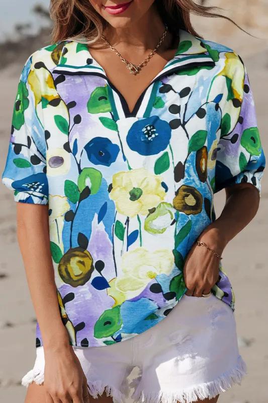 Light Blue Floral Print Slit V Neck Short Sleeve Blouse sold by Beagle Boutique