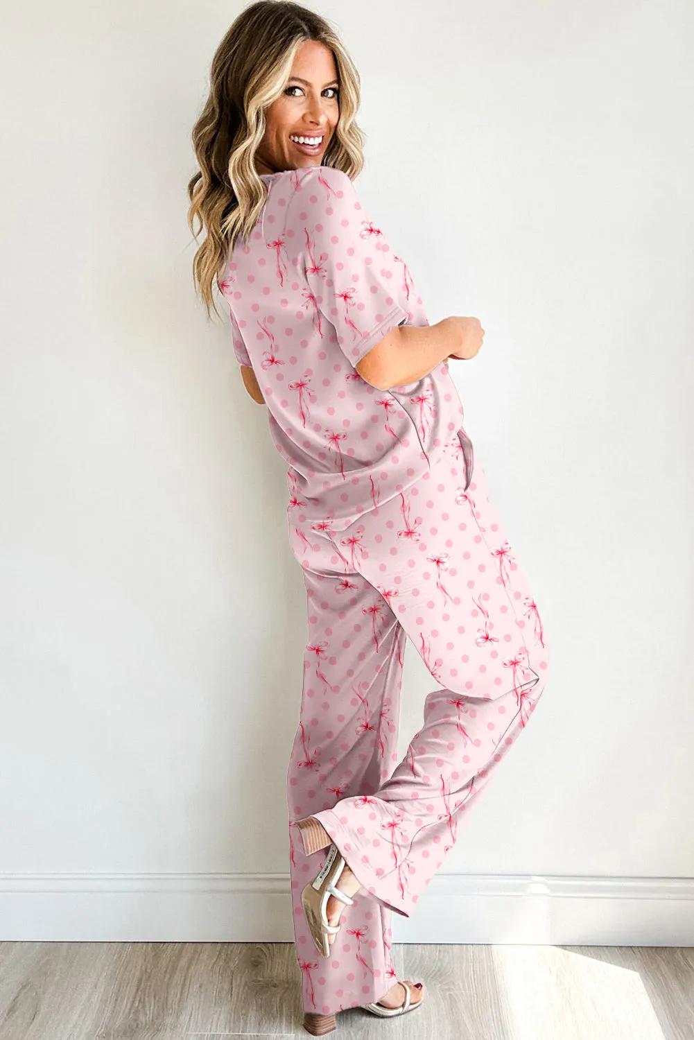 Pink Bow Knot Polka Dot Print Short Sleeve Top Lounge Set sold by Beagle Boutique product image thumbnail 2