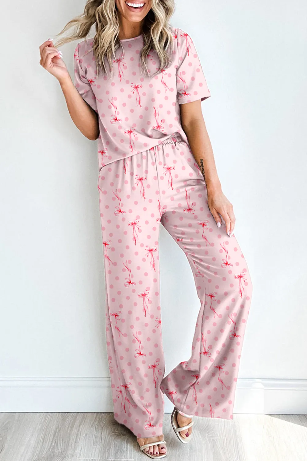Pink Bow Knot Polka Dot Print Short Sleeve Top Lounge Set sold by Beagle Boutique