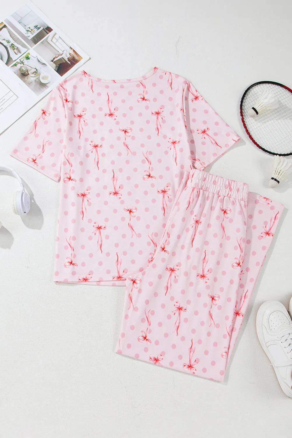 Pink Bow Knot Polka Dot Print Short Sleeve Top Lounge Set sold by Beagle Boutique product image thumbnail 5