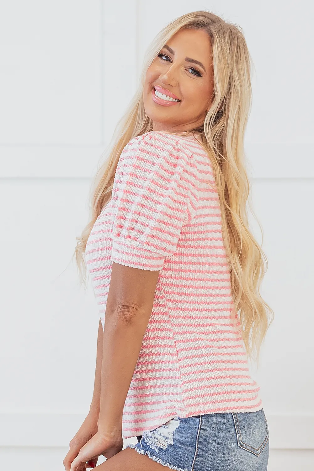 Pink Stripe Textured Puff Sleeve Crewneck Top sold by Beagle Boutique product image thumbnail 3