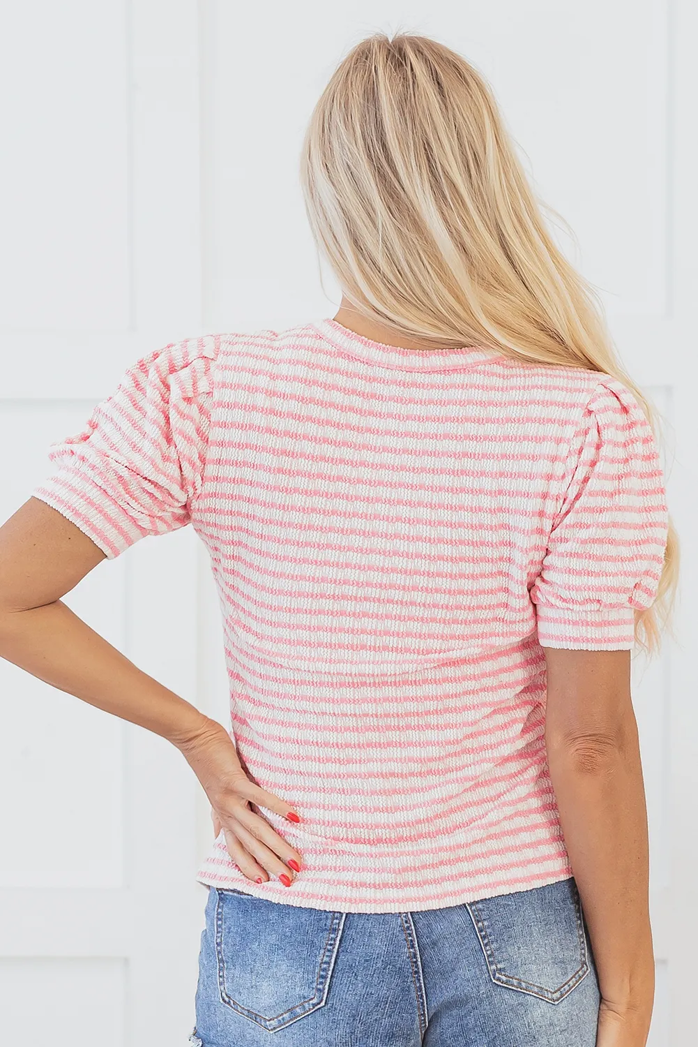 Pink Stripe Textured Puff Sleeve Crewneck Top sold by Beagle Boutique product image thumbnail 2