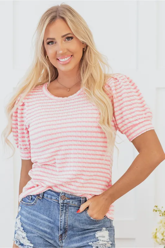 Pink Stripe Textured Puff Sleeve Crewneck Top sold by Beagle Boutique
