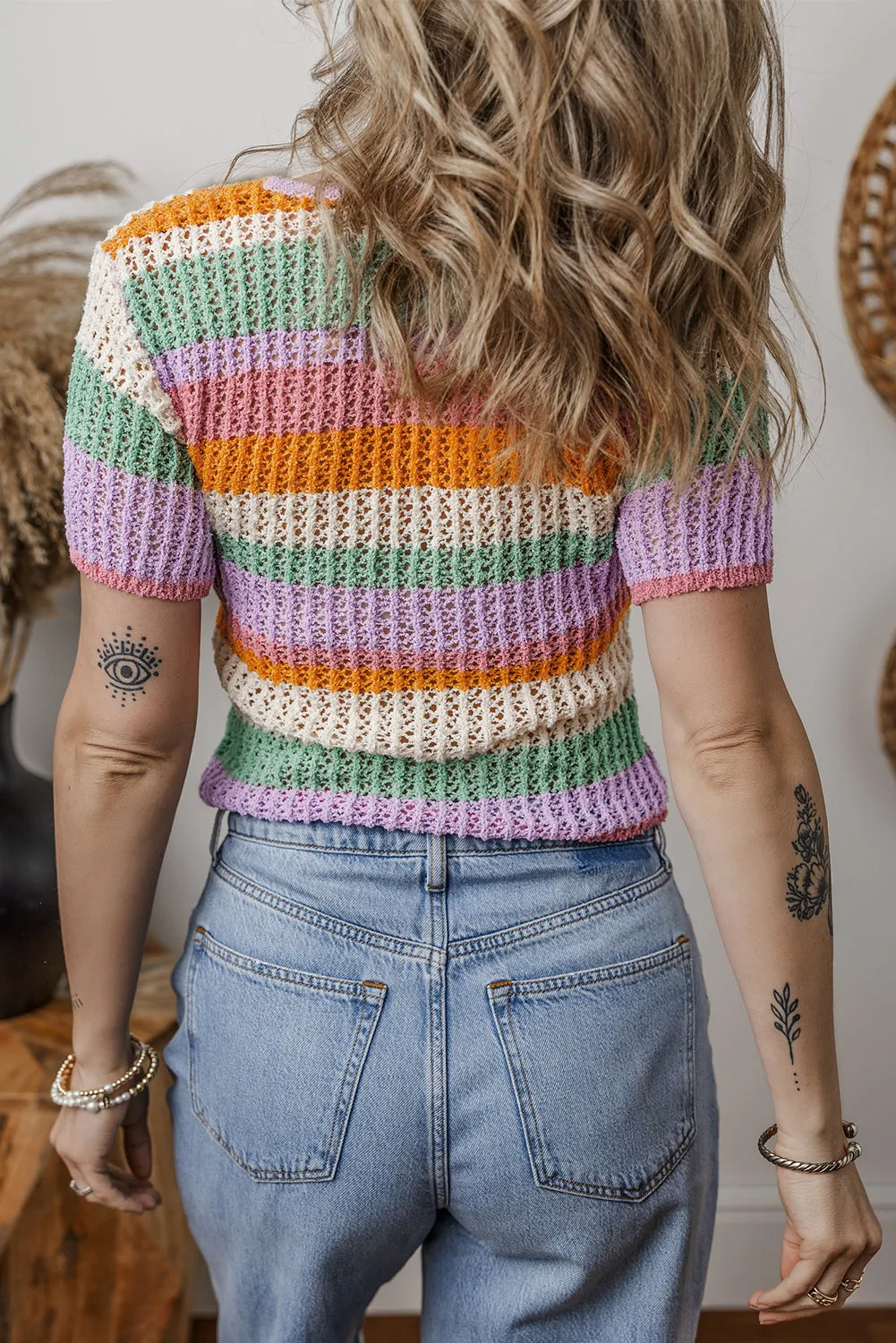 Orange Colourblock Striped Pointelle Knit V Neck Buttoned Crop Short Sleeve Sweater sold by Beagle Boutique product image thumbnail 2