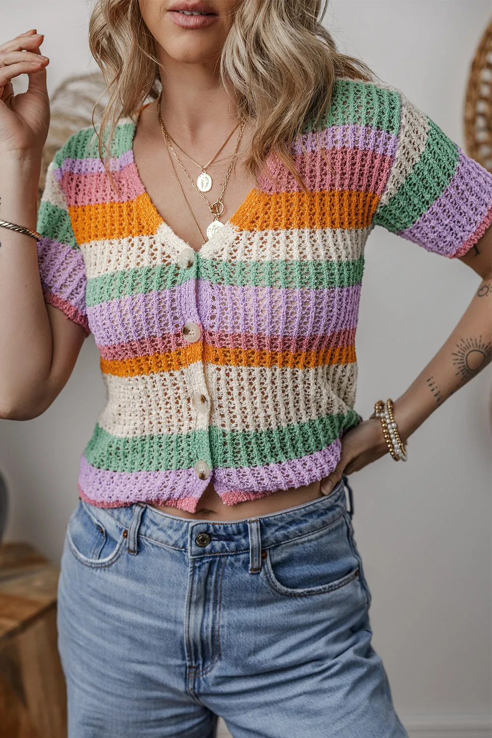 Orange Colourblock Striped Pointelle Knit V Neck Buttoned Crop Short Sleeve Sweater sold by Beagle Boutique product image thumbnail 3
