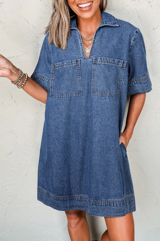 Blue Short Sleeve Collared Patched Pocket Denim Mini Dress sold by Beagle Boutique