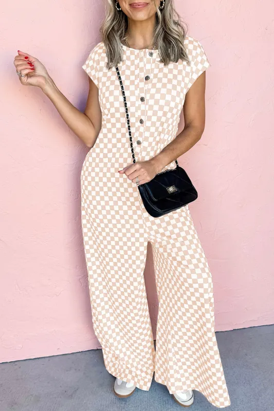 Apricot Checkered Print Buttoned Crew Neck Wide Leg Jumpsuit sold by Beagle Boutique