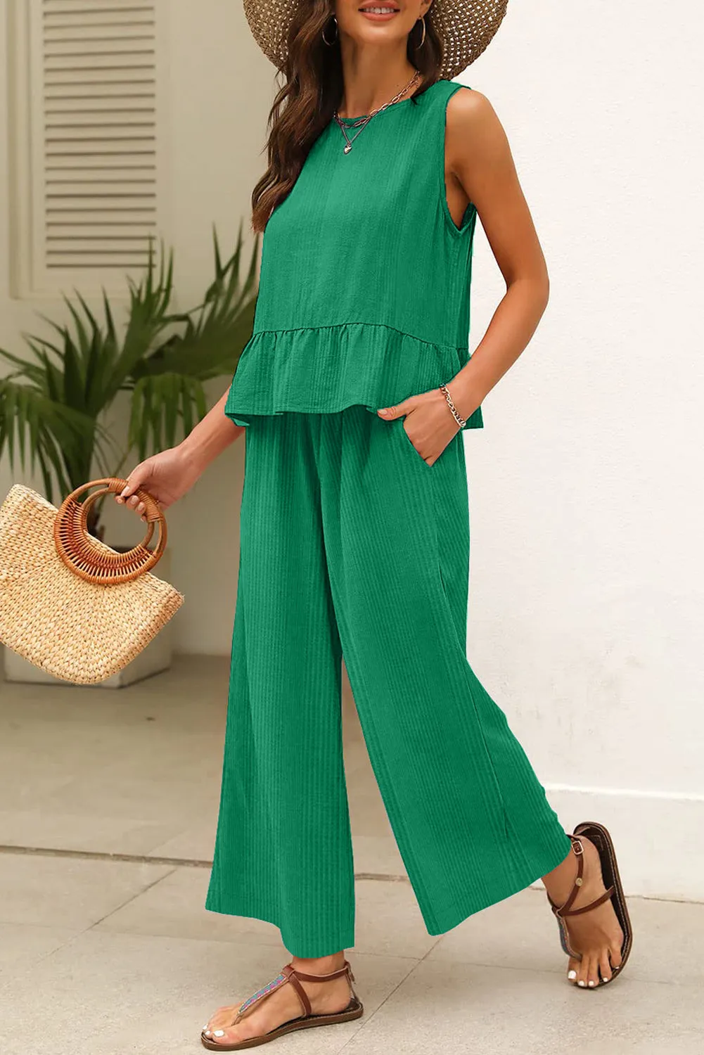 Green Solid Colour Ribbed Ruffle Tank Top and Trousers Set sold by Beagle Boutique