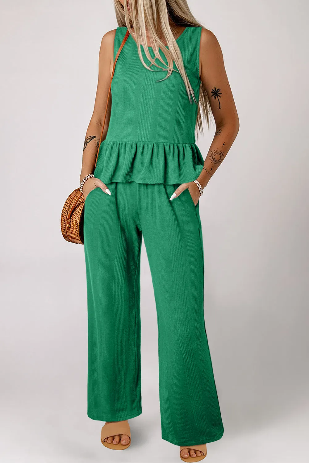 Green Solid Colour Ribbed Ruffle Tank Top and Trousers Set sold by Beagle Boutique product image thumbnail 4