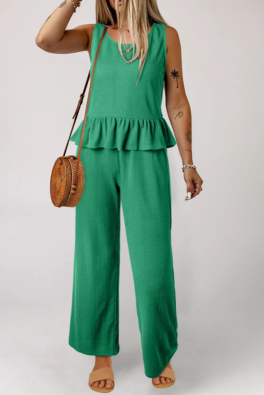 Green Solid Colour Ribbed Ruffle Tank Top and Trousers Set sold by Beagle Boutique product image thumbnail 2