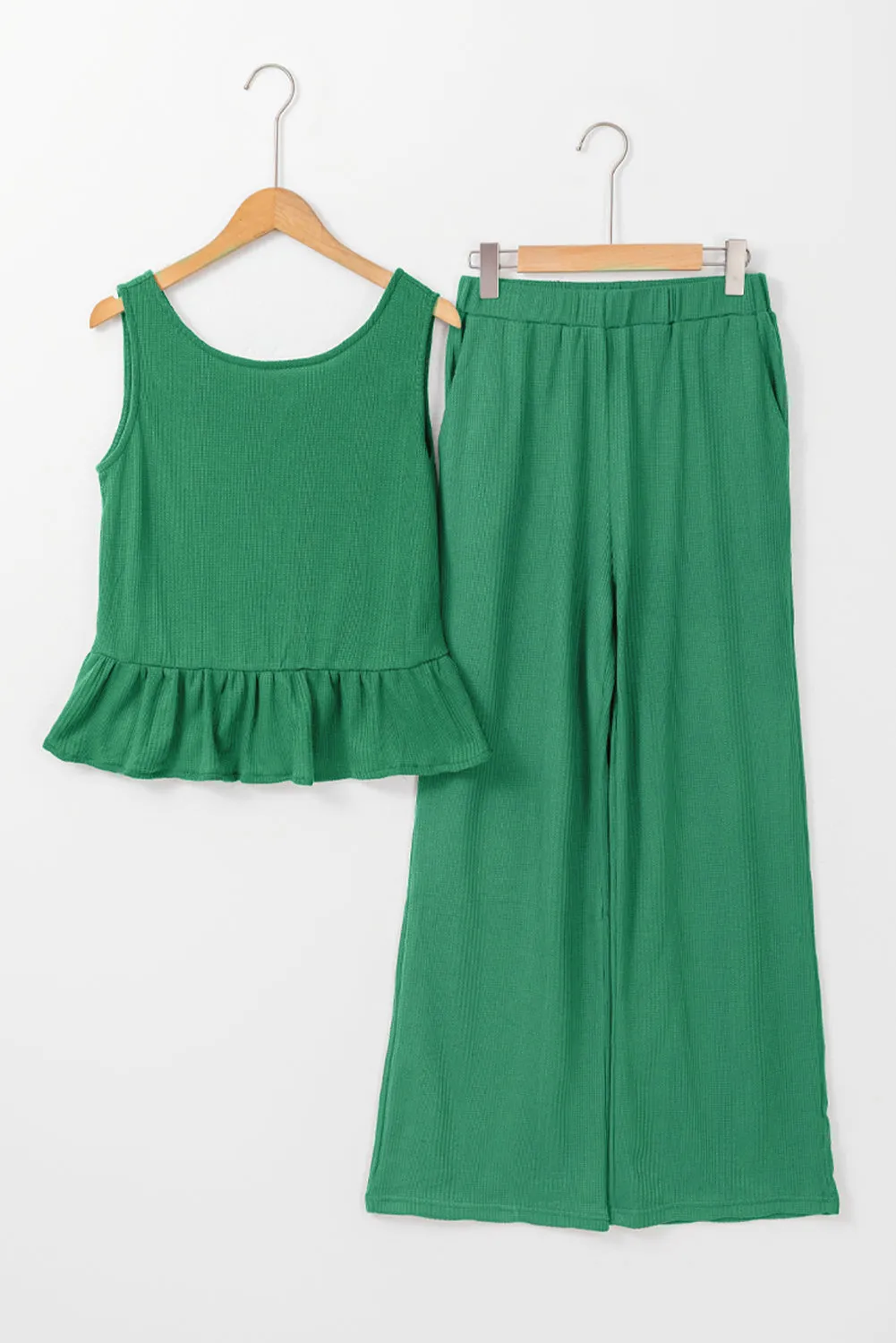 Green Solid Colour Ribbed Ruffle Tank Top and Trousers Set sold by Beagle Boutique product image thumbnail 5