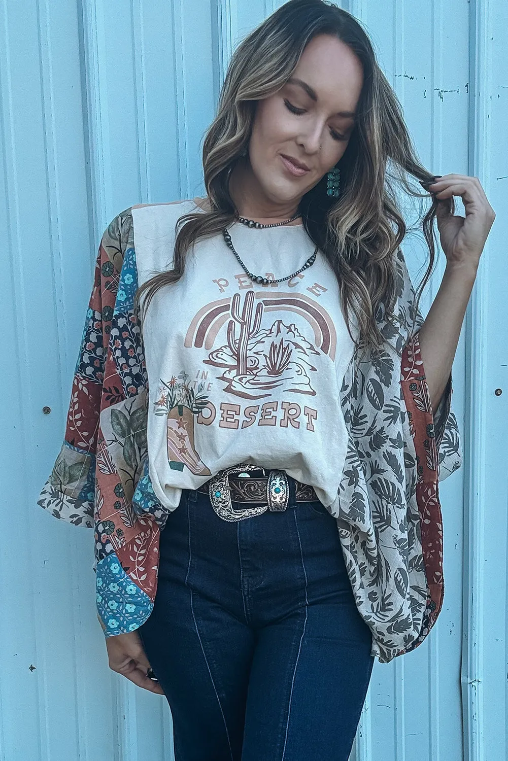 Multicolour Asymmetric Printed Patchwork Sleeve Peace Desert Graphic Top sold by Beagle Boutique product image thumbnail 4