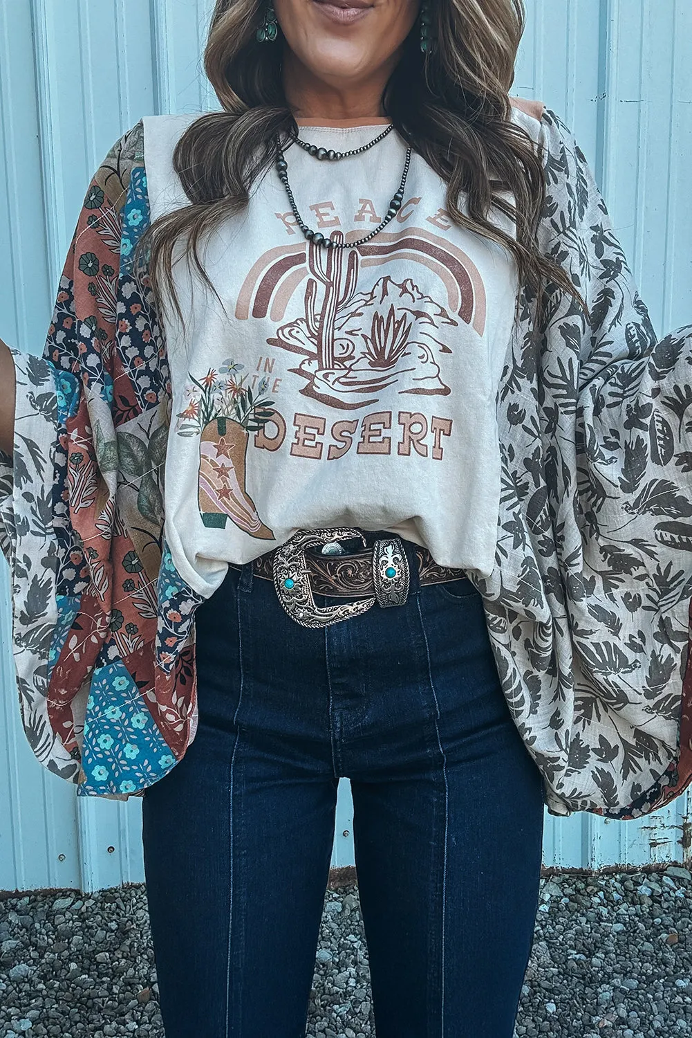 Multicolour Asymmetric Printed Patchwork Sleeve Peace Desert Graphic Top sold by Beagle Boutique product image thumbnail 3