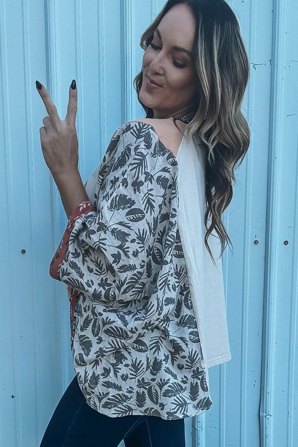 Multicolour Asymmetric Printed Patchwork Sleeve Peace Desert Graphic Top sold by Beagle Boutique product image thumbnail 2