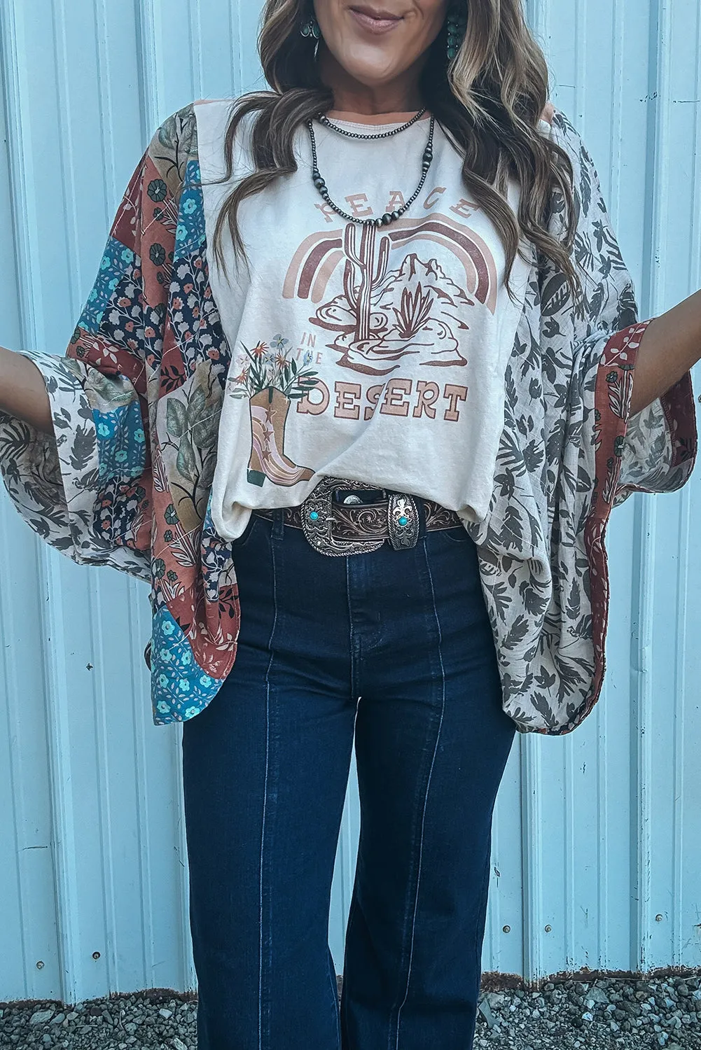 Multicolour Asymmetric Printed Patchwork Sleeve Peace Desert Graphic Top sold by Beagle Boutique