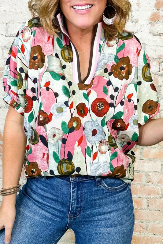 Pink Floral Print Slit V Neck Short Sleeve Blouse sold by Beagle Boutique