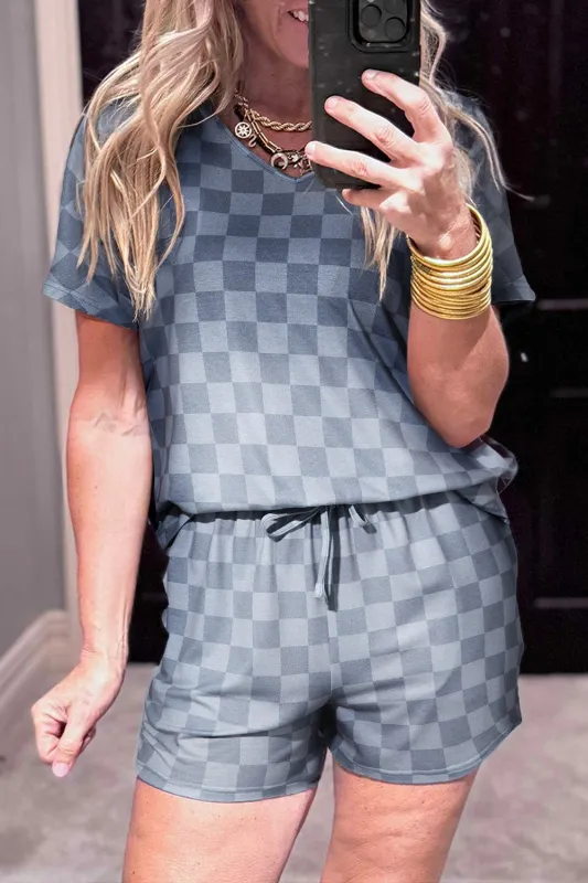 Grey Checkered V Neck Tee Drawstring Shorts Lounge Set sold by Beagle Boutique