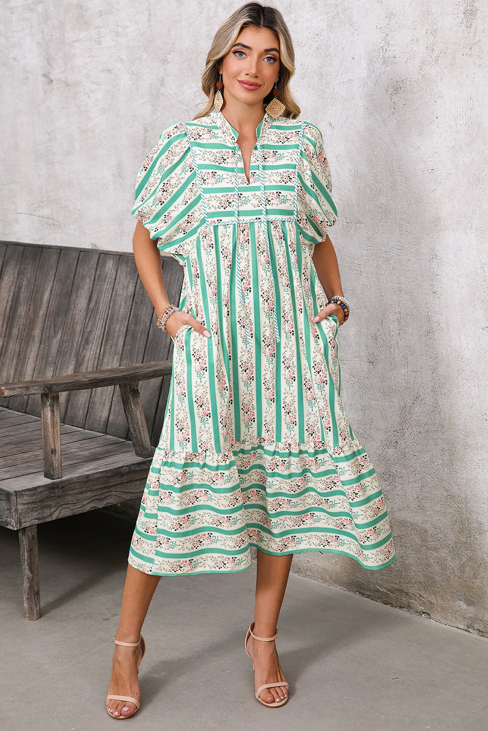 MultiColour Boho Floral Striped Tie V Neck Midi Dress sold by Beagle Boutique product image thumbnail 5