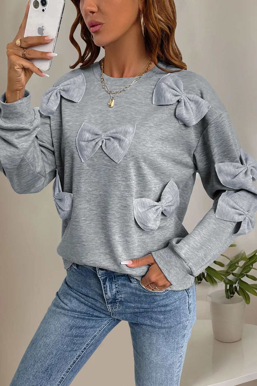 Grey Bowknot Round Neck Sweatshirt sold by Beagle Boutique product image thumbnail 5