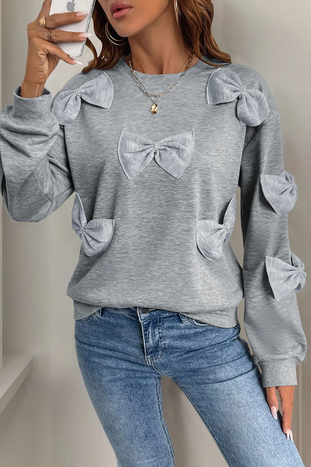 Grey Bowknot Round Neck Sweatshirt sold by Beagle Boutique product image thumbnail 4