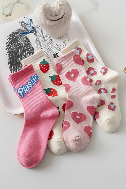 Light Pink Heart Print Ribbed Trim Soft Crew Socks sold by Beagle Boutique