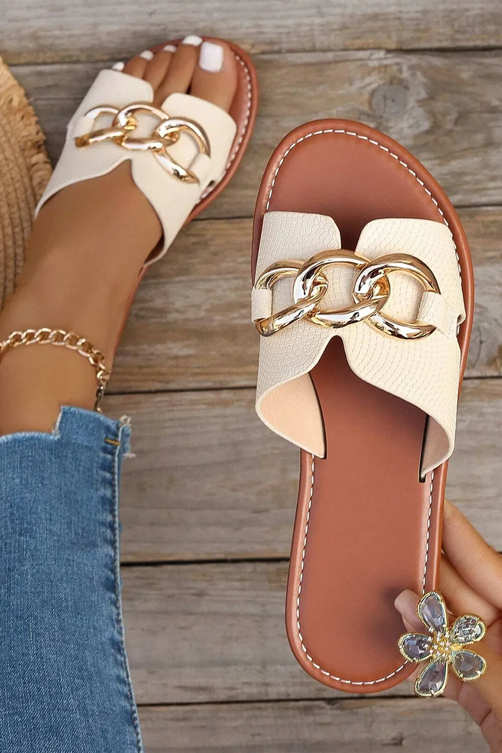 White Metal Buckle One Strap Flat Casual Sandals sold by Beagle Boutique product image thumbnail 5