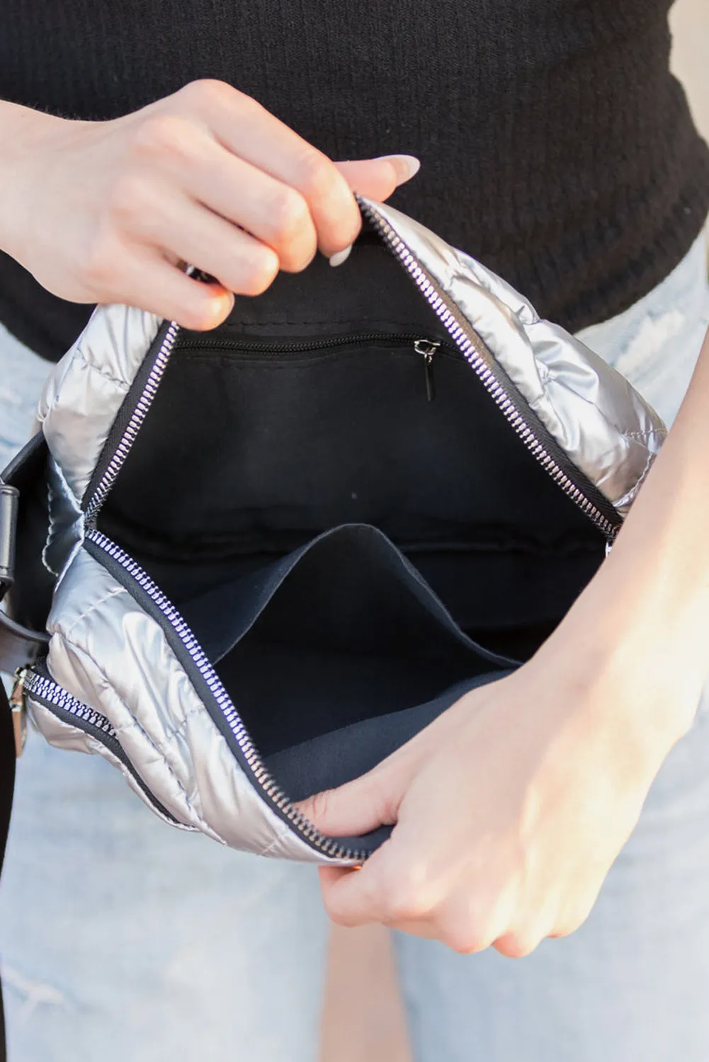 Black Quilted Multi Pocket Shoulder Bag sold by Beagle Boutique product image thumbnail 4