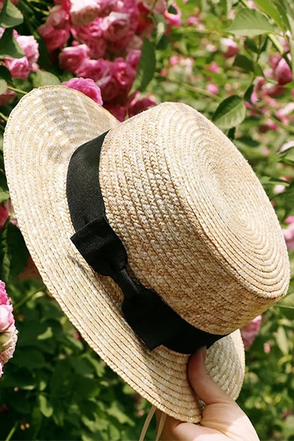 Parchment Black Ribbon Tie Straw Sun Hat sold by Beagle Boutique