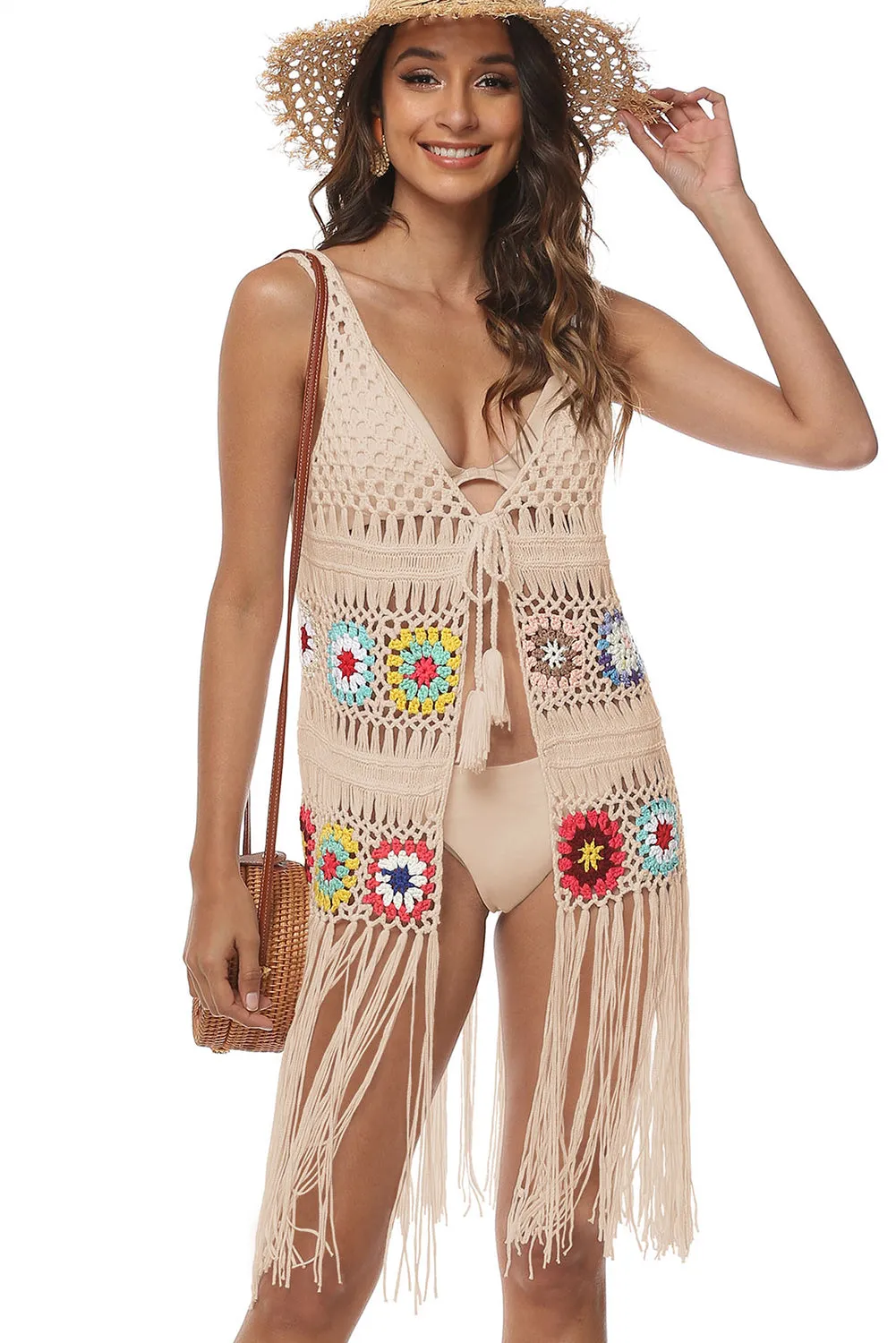 Oatmeal Hollow Tassel Tie Beach Cover Up sold by Beagle Boutique product image thumbnail 4