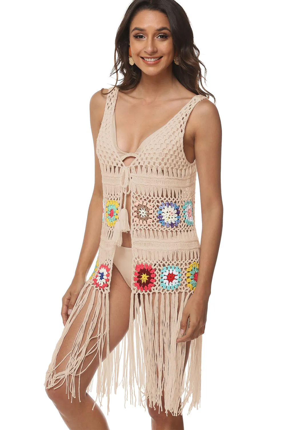 Oatmeal Hollow Tassel Tie Beach Cover Up sold by Beagle Boutique product image thumbnail 3