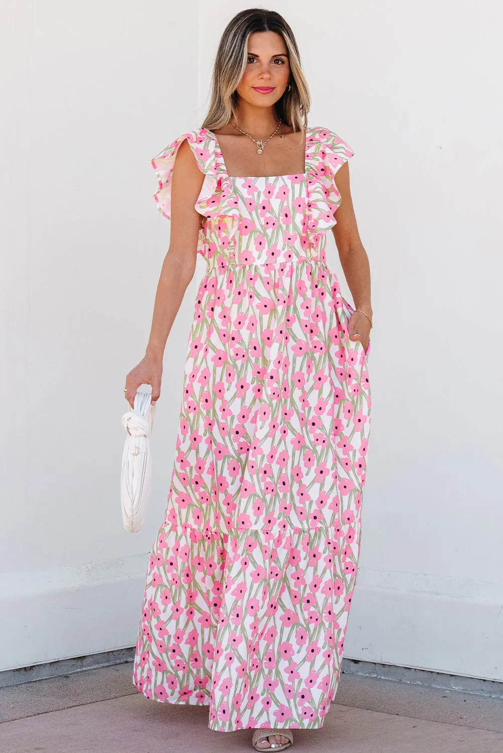 Pink Floral Print Square Neck Ruffled Strap Maxi Dress sold by Beagle Boutique product image thumbnail 4