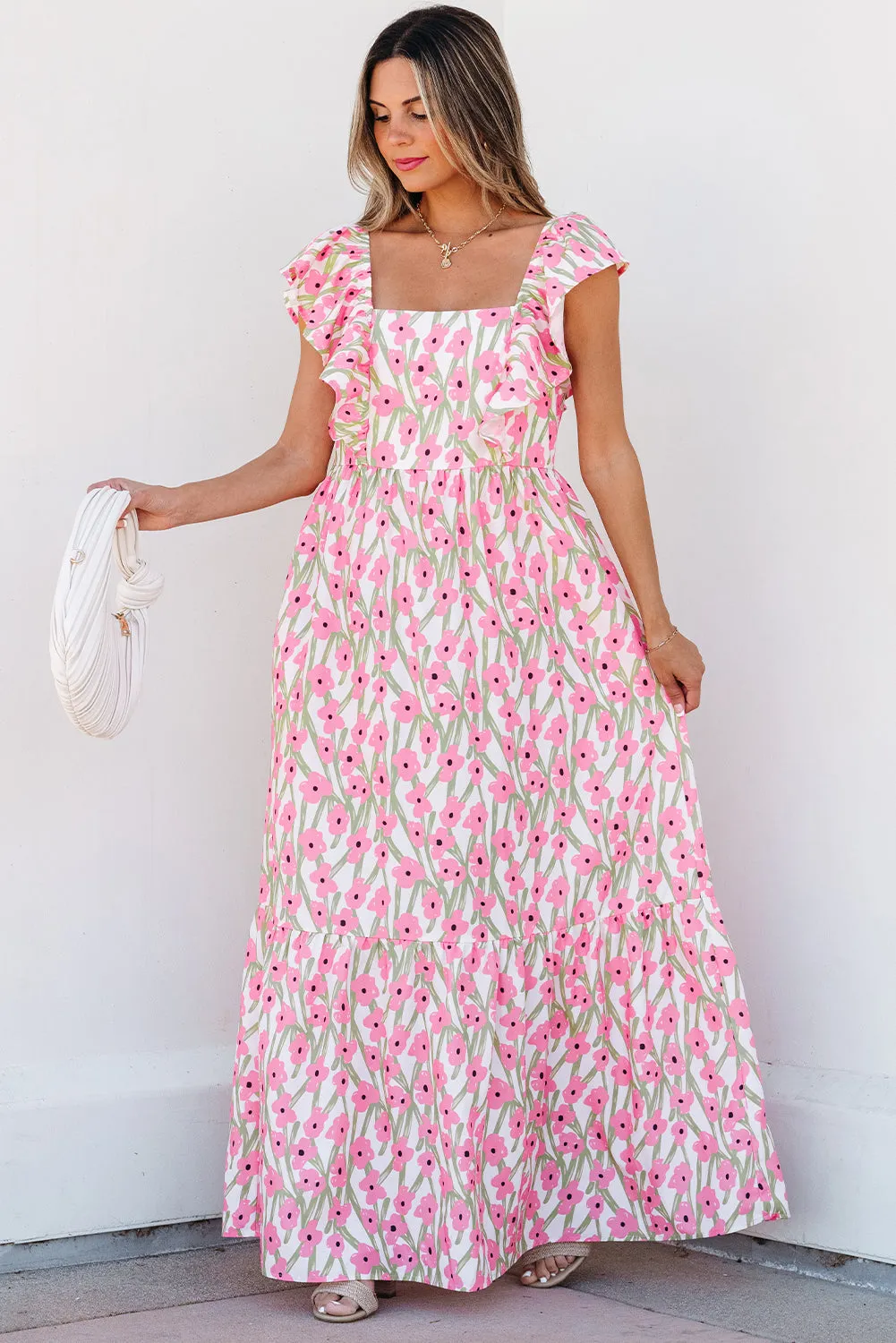 Pink Floral Print Square Neck Ruffled Strap Maxi Dress sold by Beagle Boutique product image thumbnail 3