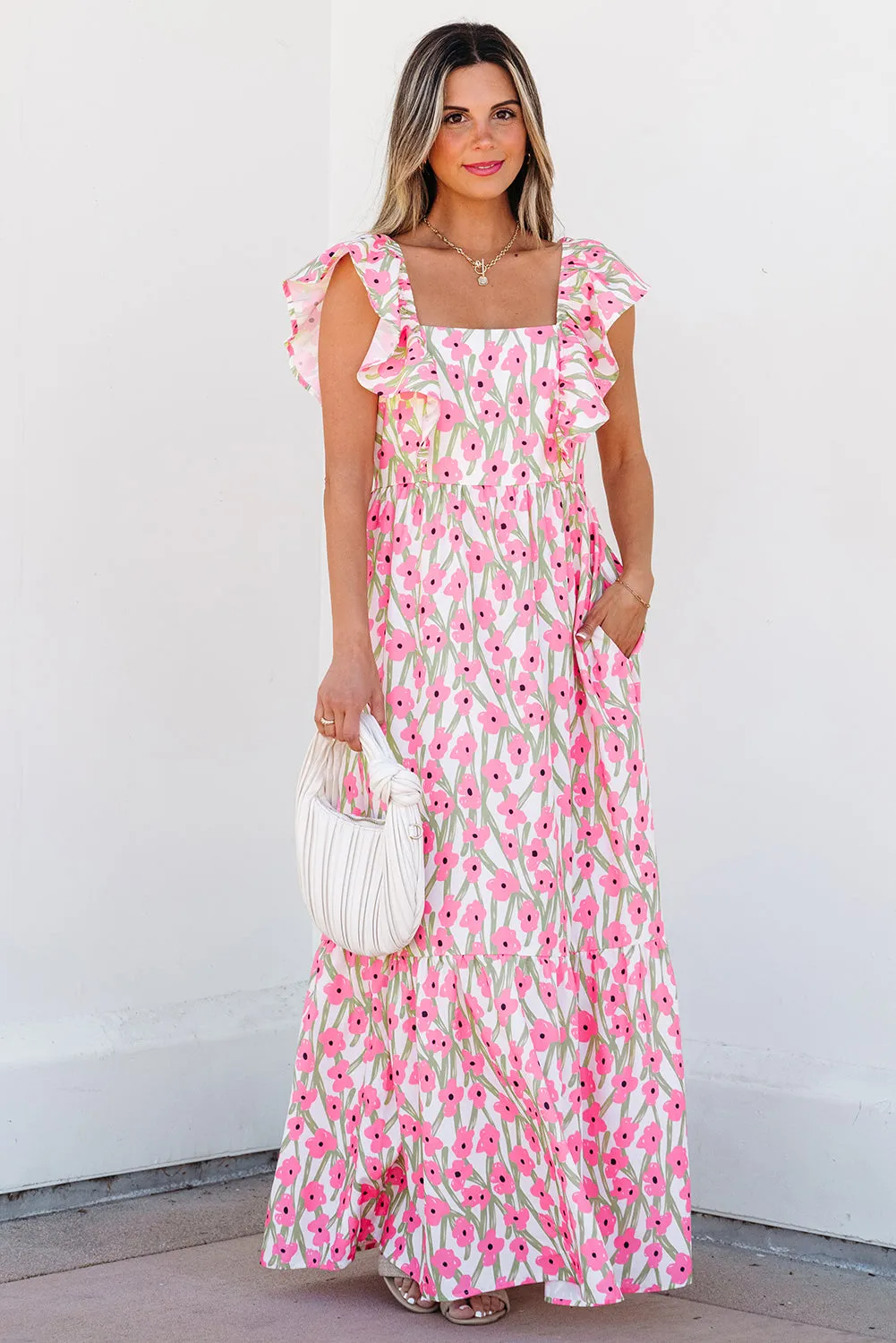 Pink Floral Print Square Neck Ruffled Strap Maxi Dress sold by Beagle Boutique