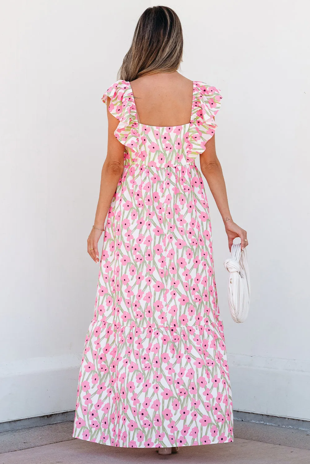 Pink Floral Print Square Neck Ruffled Strap Maxi Dress sold by Beagle Boutique product image thumbnail 2