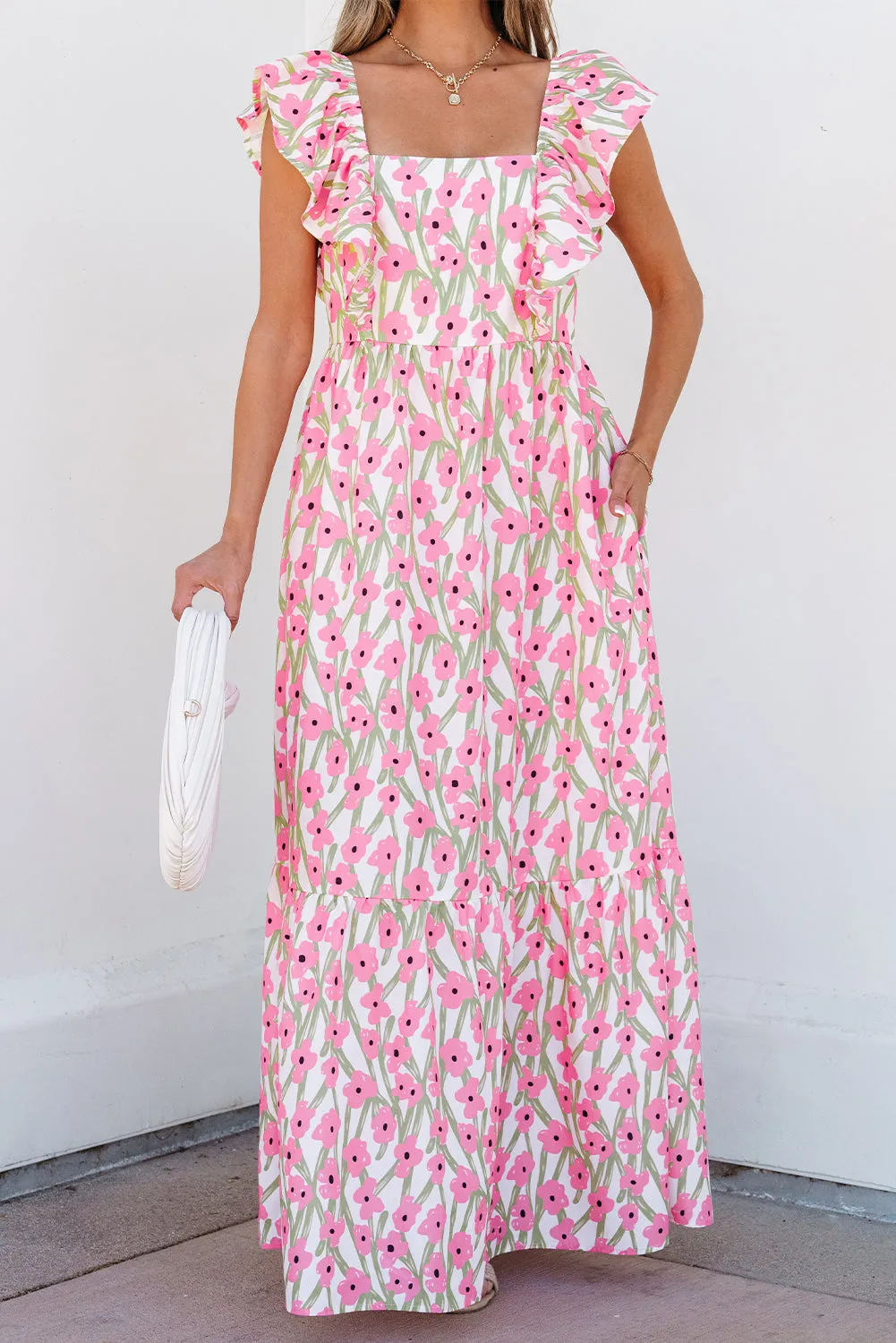 Pink Floral Print Square Neck Ruffled Strap Maxi Dress sold by Beagle Boutique product image thumbnail 5