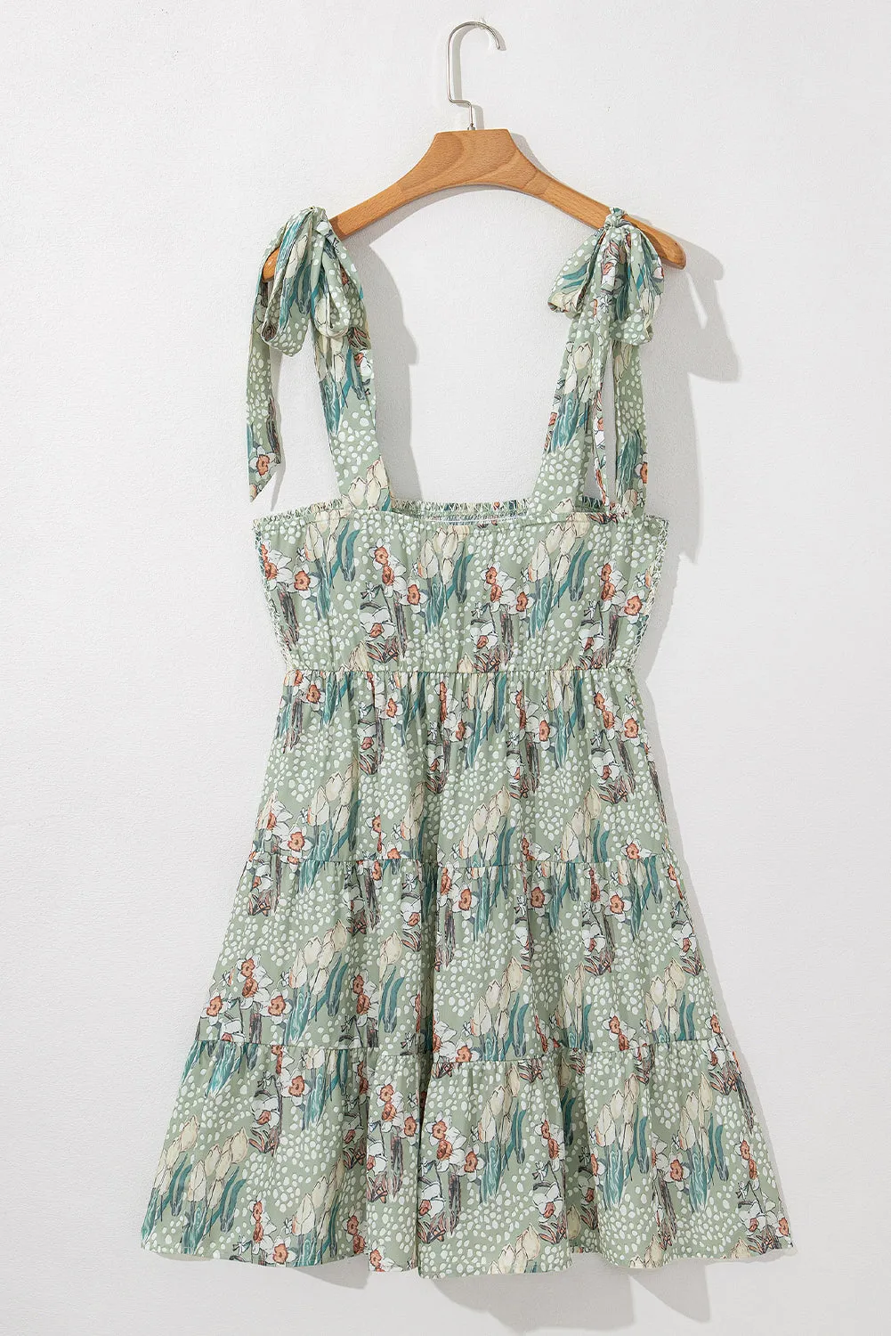 Grey Floral Knotted Strap Smocked Tiered Ruffle Mini Dress sold by Beagle Boutique product image thumbnail 5