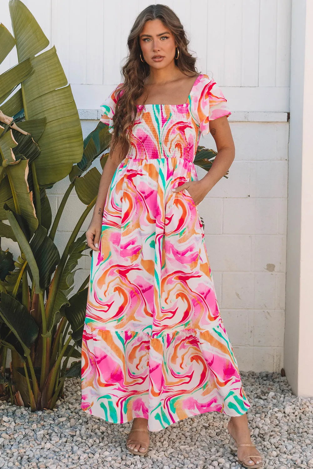 Pink Abstract Print Ruffled Sleeve Smocked Bust Maxi Dress sold by Beagle Boutique