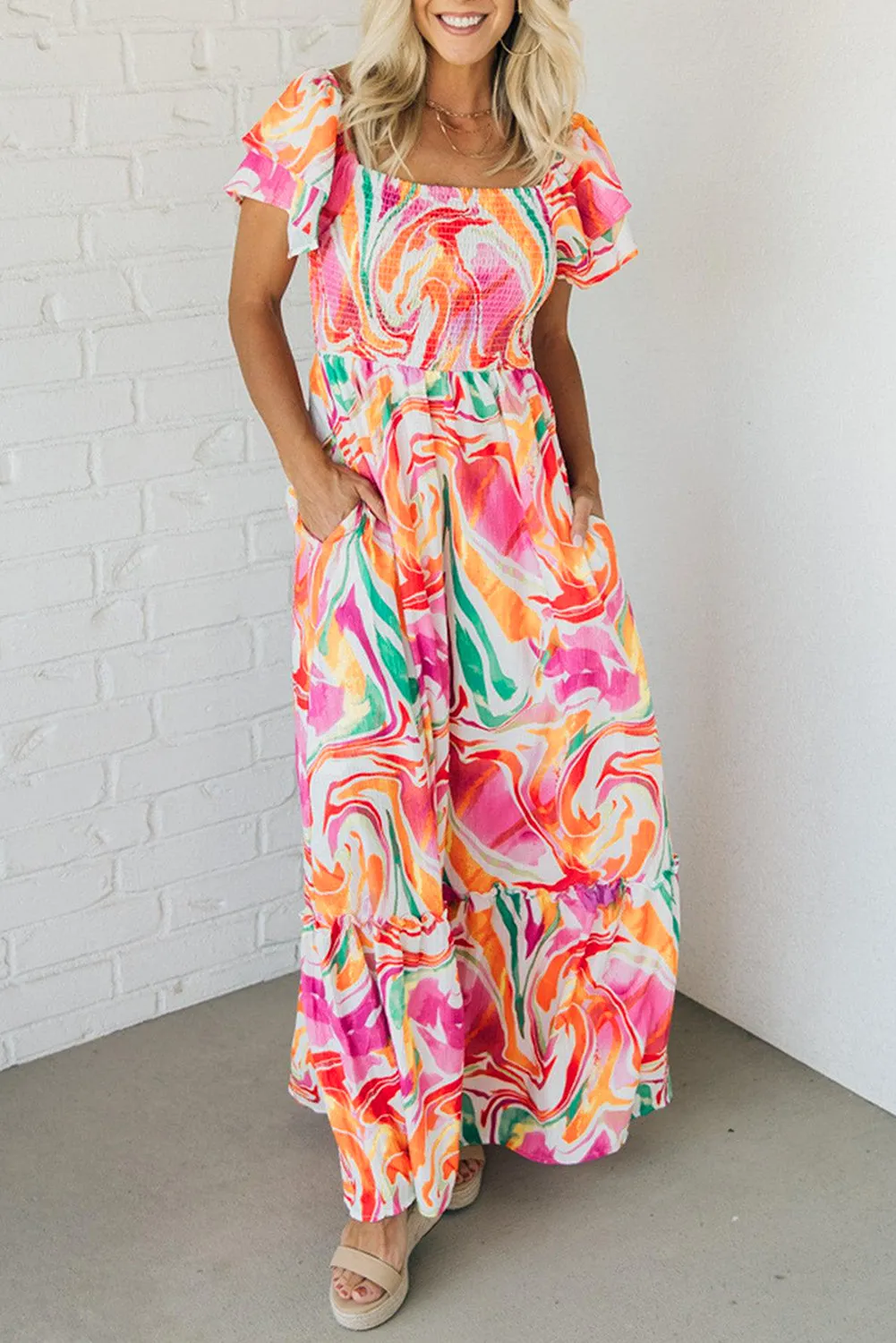 Pink Abstract Print Ruffled Sleeve Smocked Bust Maxi Dress sold by Beagle Boutique product image thumbnail 5