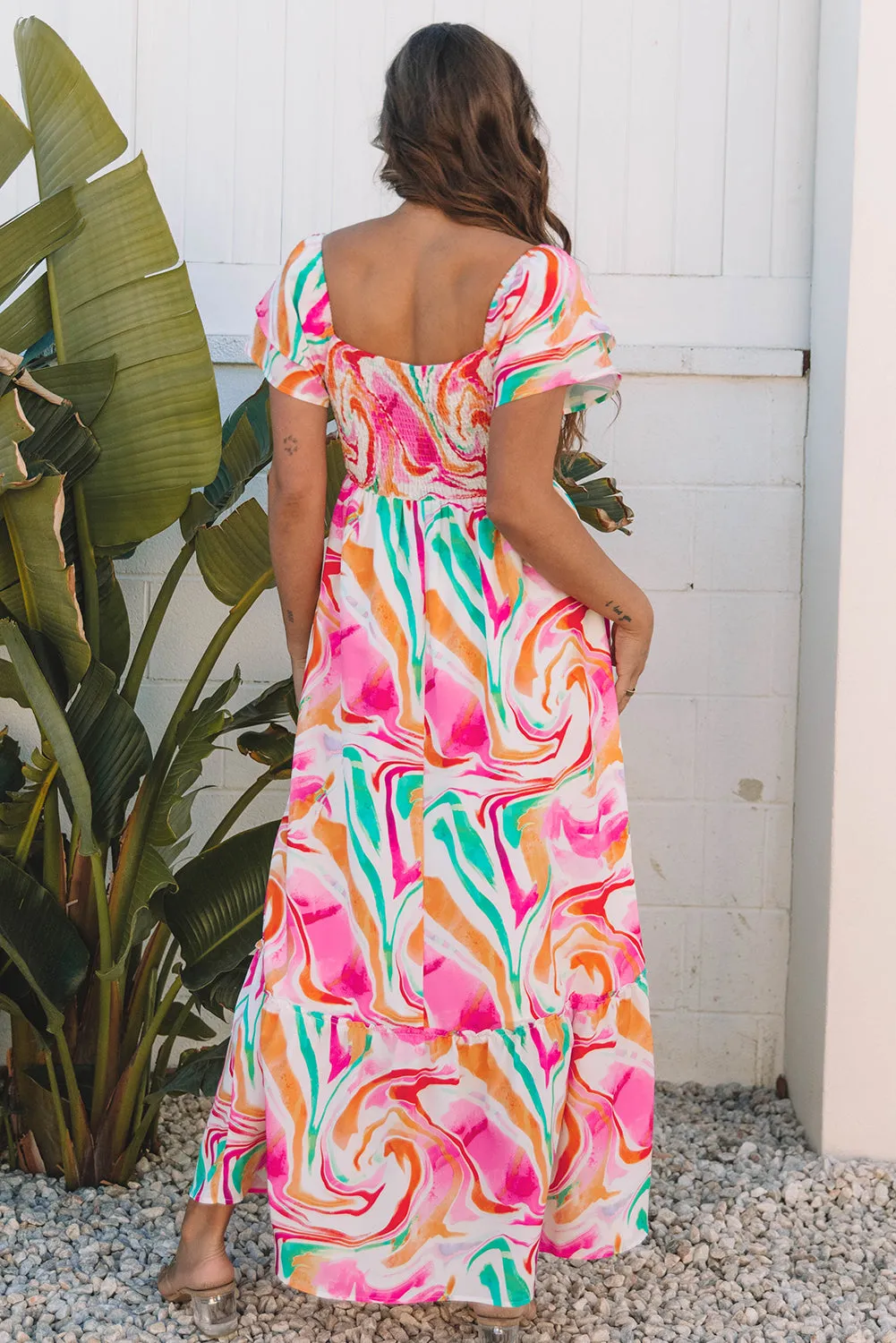 Pink Abstract Print Ruffled Sleeve Smocked Bust Maxi Dress sold by Beagle Boutique product image thumbnail 2