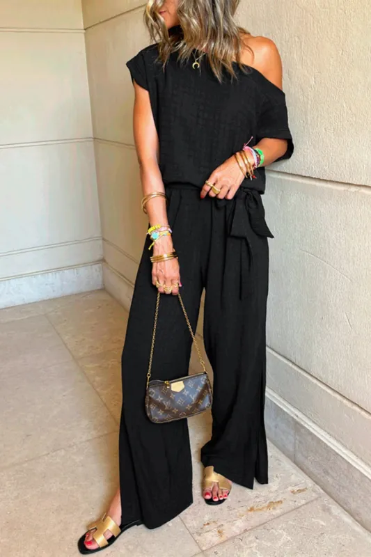 Black Checkered Mesh One Shoulder Short Sleeve Knotted Waist Jumpsuit sold by Beagle Boutique