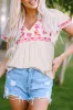 Beige Floral Embroidered Short Sleeve Notched V Neck Blouse sold by Beagle Boutique