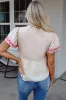 Beige Floral Embroidered Short Sleeve Notched V Neck Blouse sold by Beagle Boutique